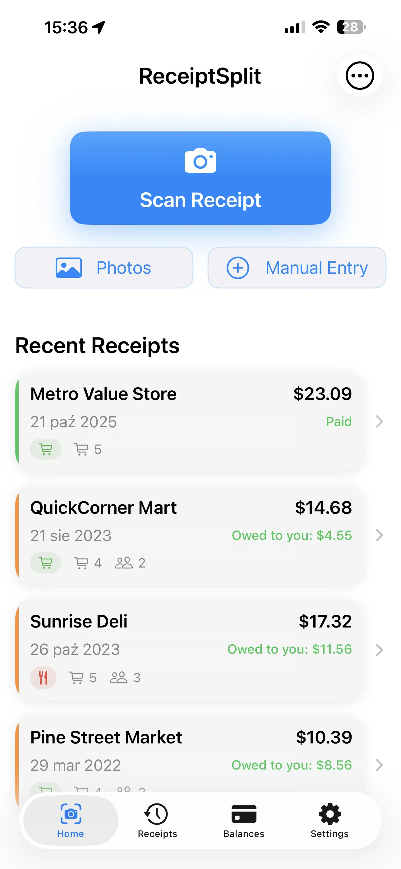 ReceiptSplit home screen showing scan button and recent receipts