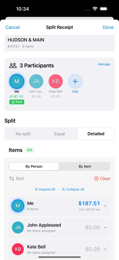 ReceiptSplit app showing items assigned to different people with individual totals