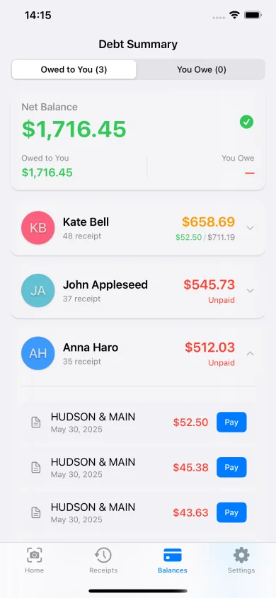 ReceiptSplit debt summary showing who owes what across shared expenses