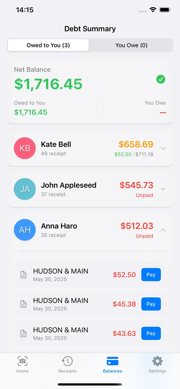 Debt summary showing balances owed per person