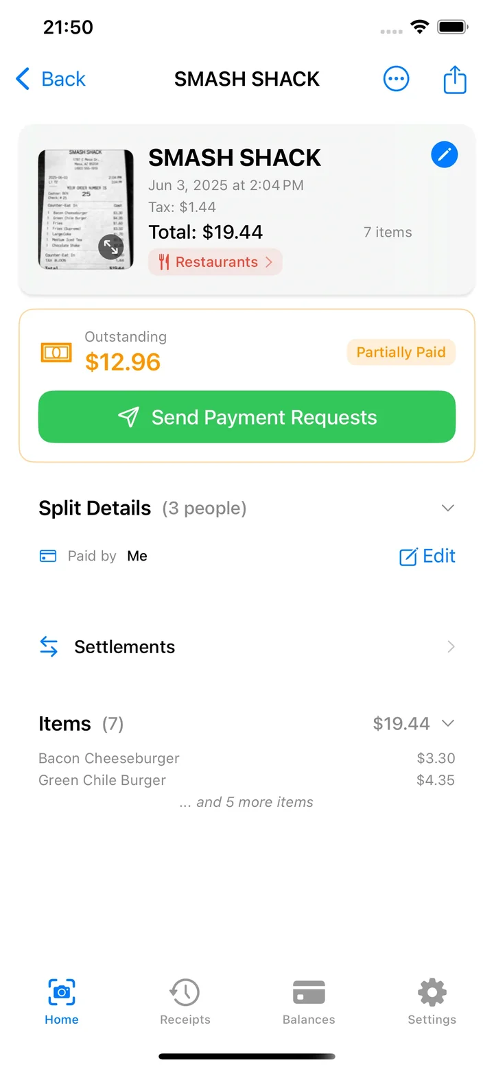 Receipt detail showing parsed items, split details, and payment status