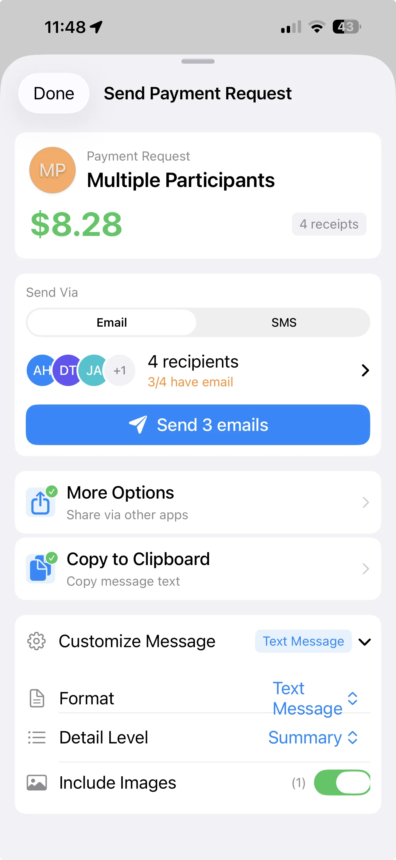 Sending payment request via text message