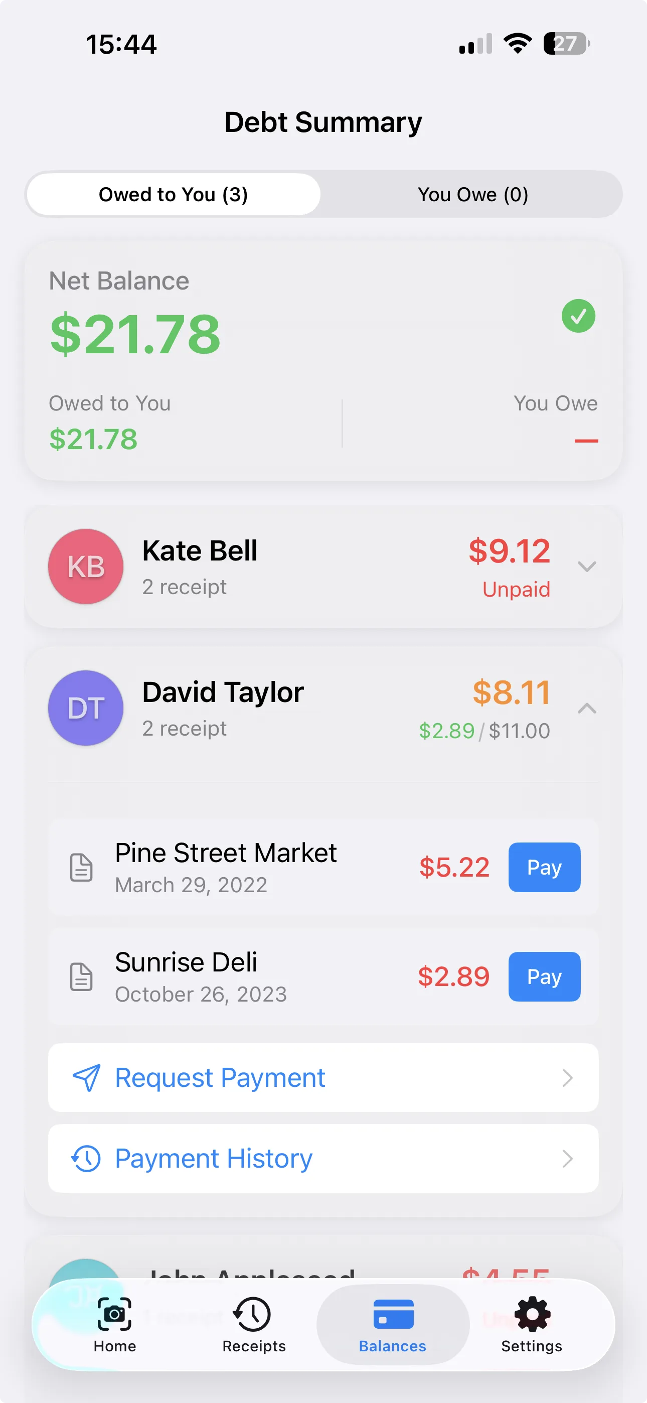 Debt summary showing who owes what across receipts