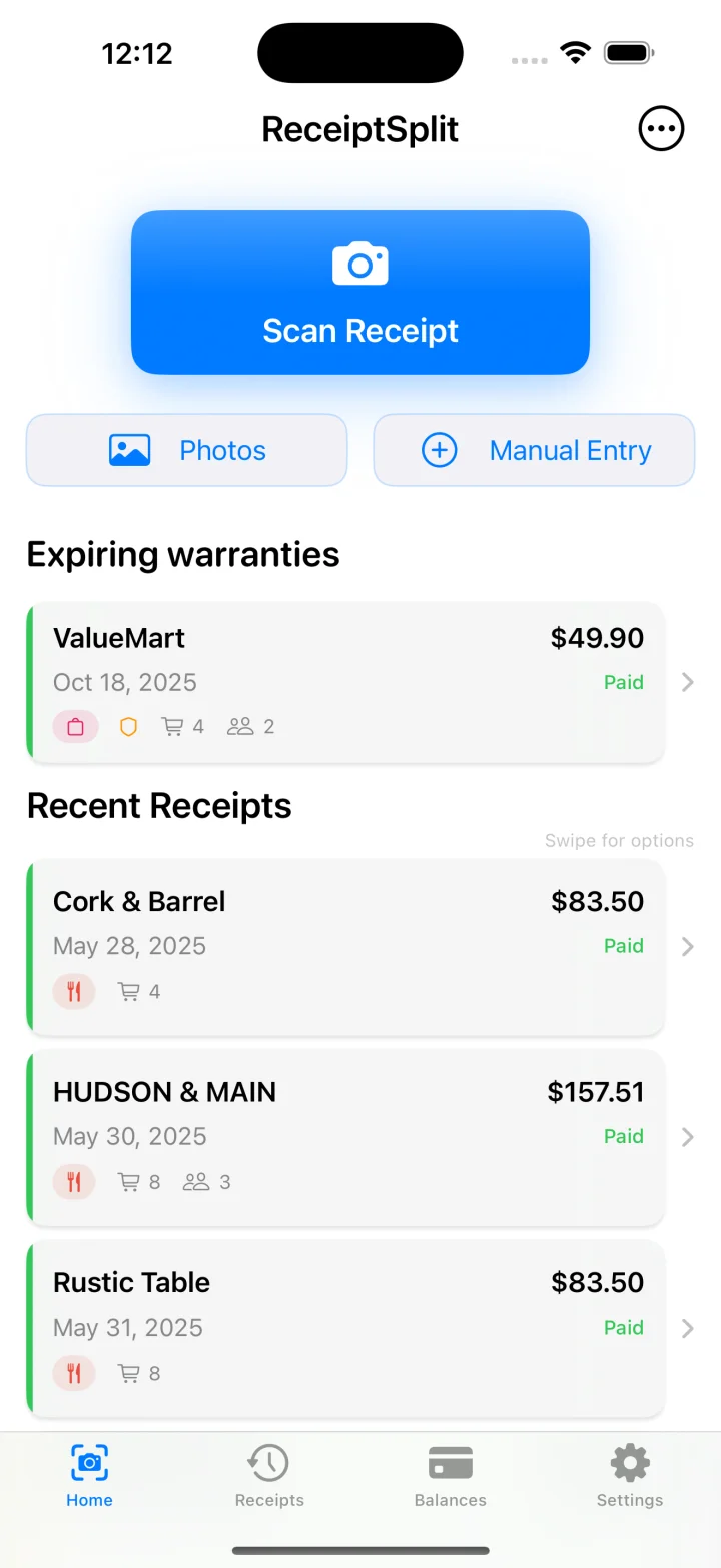 Home tab showing Expiring warranties section above Recent Receipts