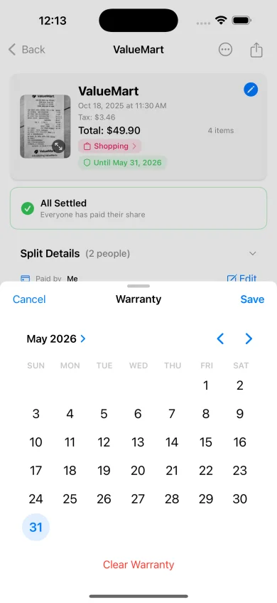 Warranty date picker open on a ValueMart receipt, defaulted to May 2026