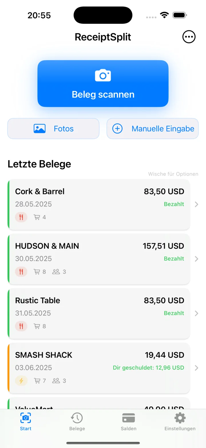 ReceiptSplit Startbildschirm mit letzten Belegen und Scan-Button