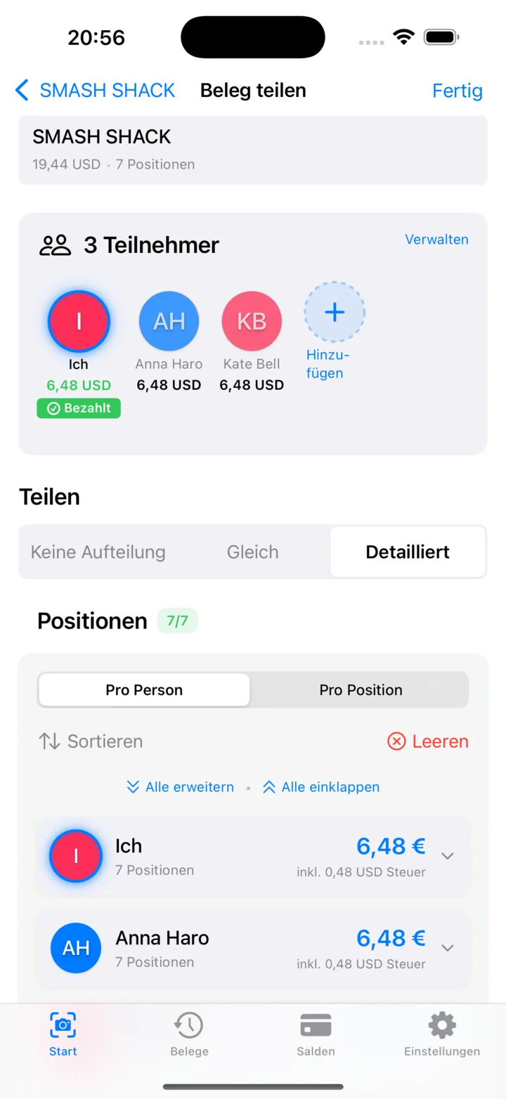 Kostenaufschlüsselung pro Person mit gemeinsamen Positionen