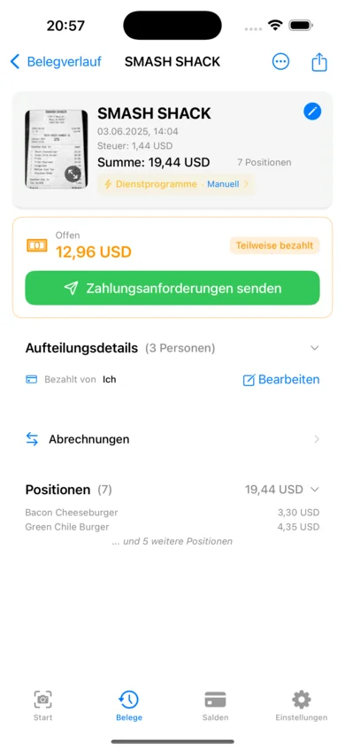 ReceiptSplit zeigt KI-erkannte Positionen von einem gescannten Beleg