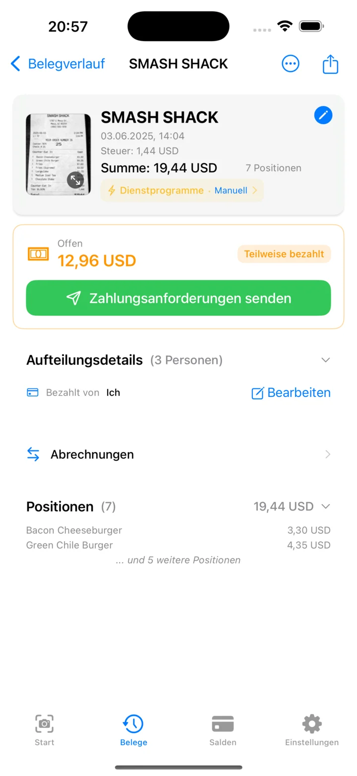 Belegdetail mit verarbeiteten Positionen, Aufteilungsdetails und Zahlungsstatus