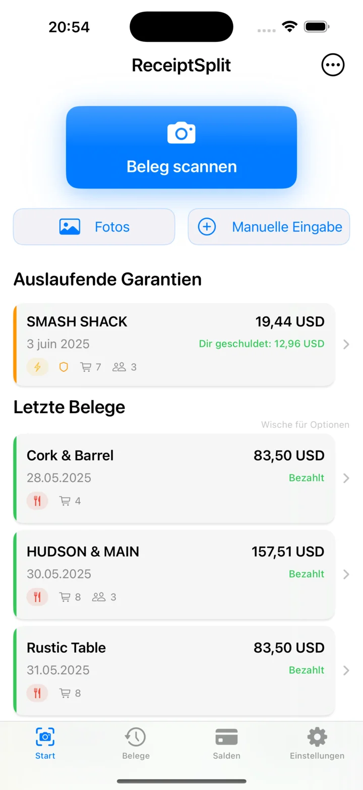 Startseite mit dem Abschnitt ablaufende Garantien über den letzten Belegen