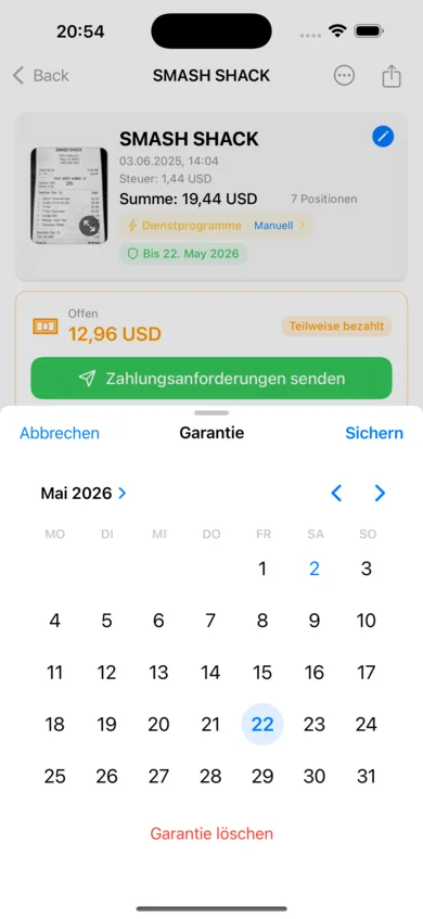 Garantie-Datumsauswahl geöffnet auf einem MediaMarkt-Beleg, voreingestellt auf Mai 2026