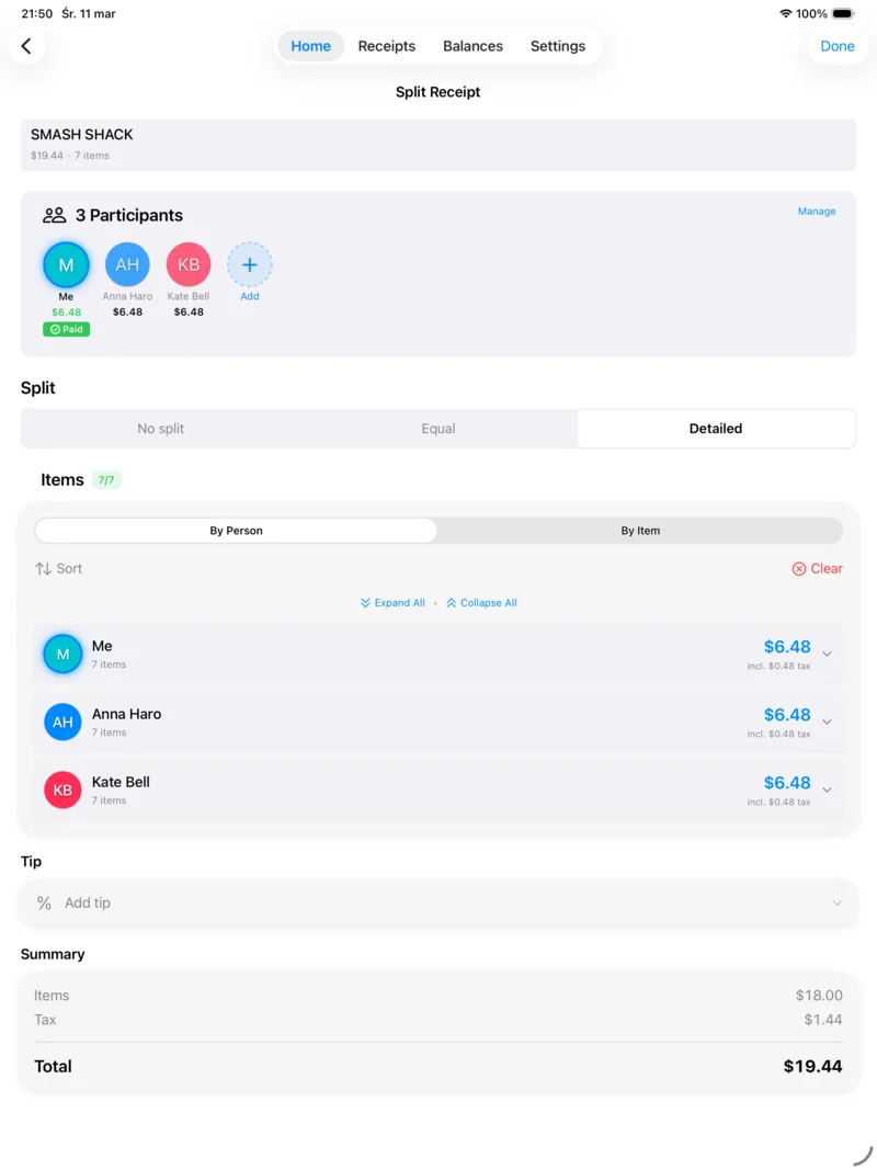 ReceiptSplit Teilungsansicht auf dem iPad mit großzügigem Layout zur Positionszuweisung