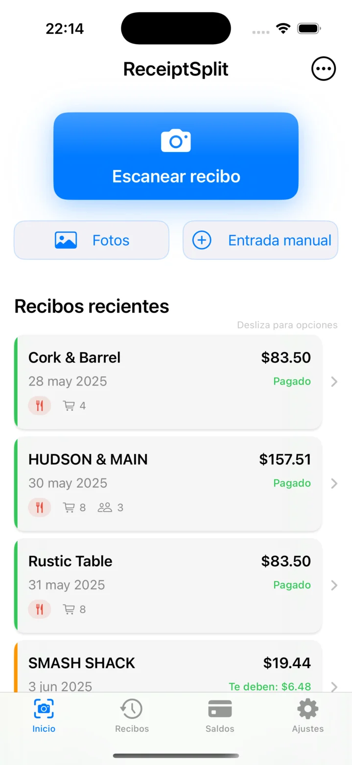Pantalla de inicio de ReceiptSplit mostrando recibos recientes y botón de escaneo