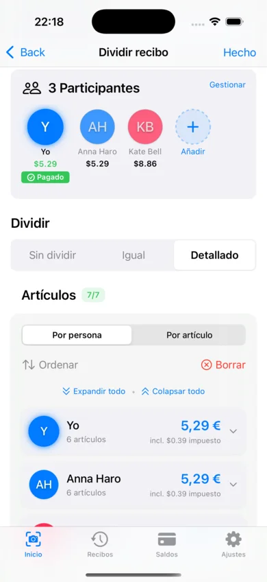 App ReceiptSplit mostrando artículos asignados a distintas personas con totales individuales