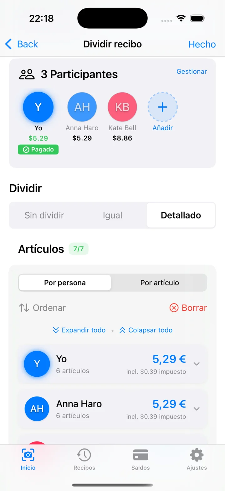 Desglose de costos por persona con artículos compartidos