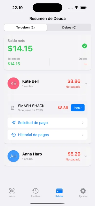 Resumen de deudas de ReceiptSplit mostrando quién debe qué en gastos compartidos