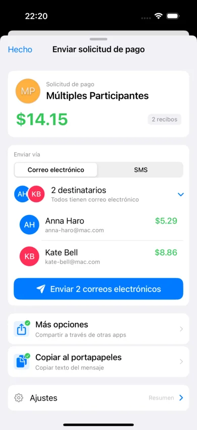 Pantalla de solicitud de pago de ReceiptSplit mostrando desglose detallado listo para enviar por SMS o correo