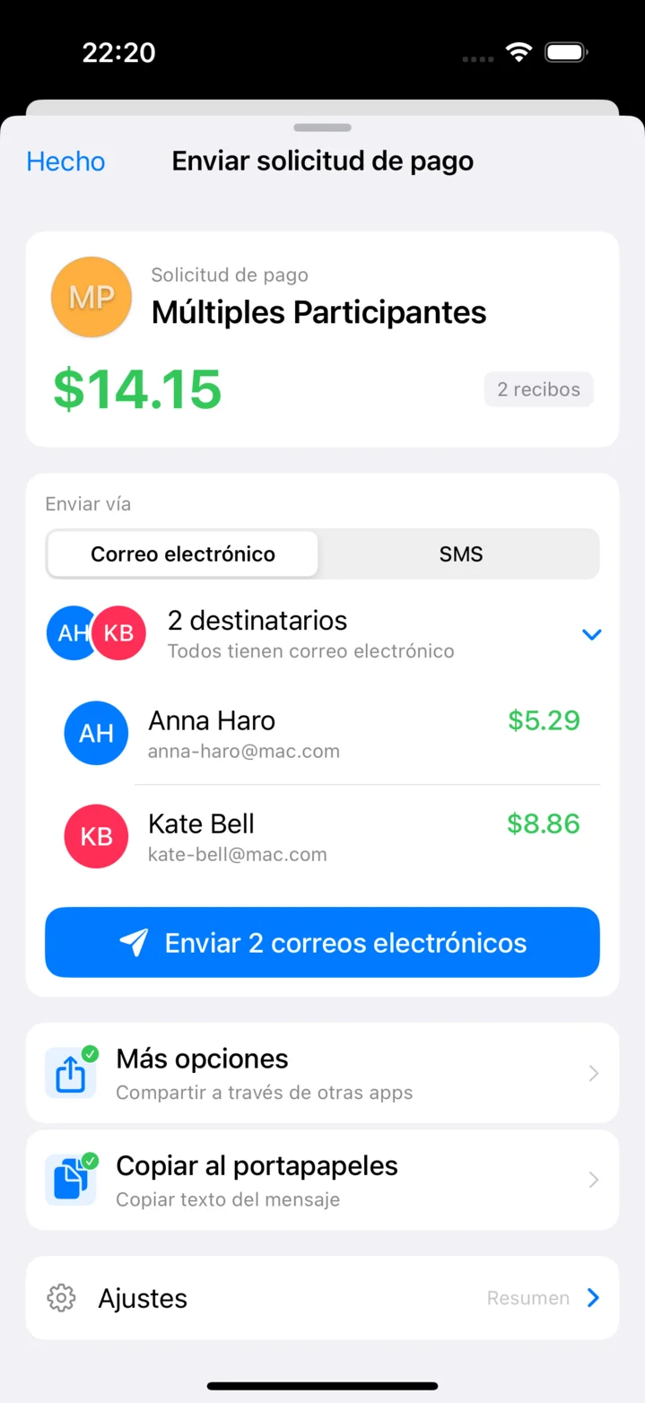 Envío de solicitudes de pago a varios destinatarios por correo electrónico