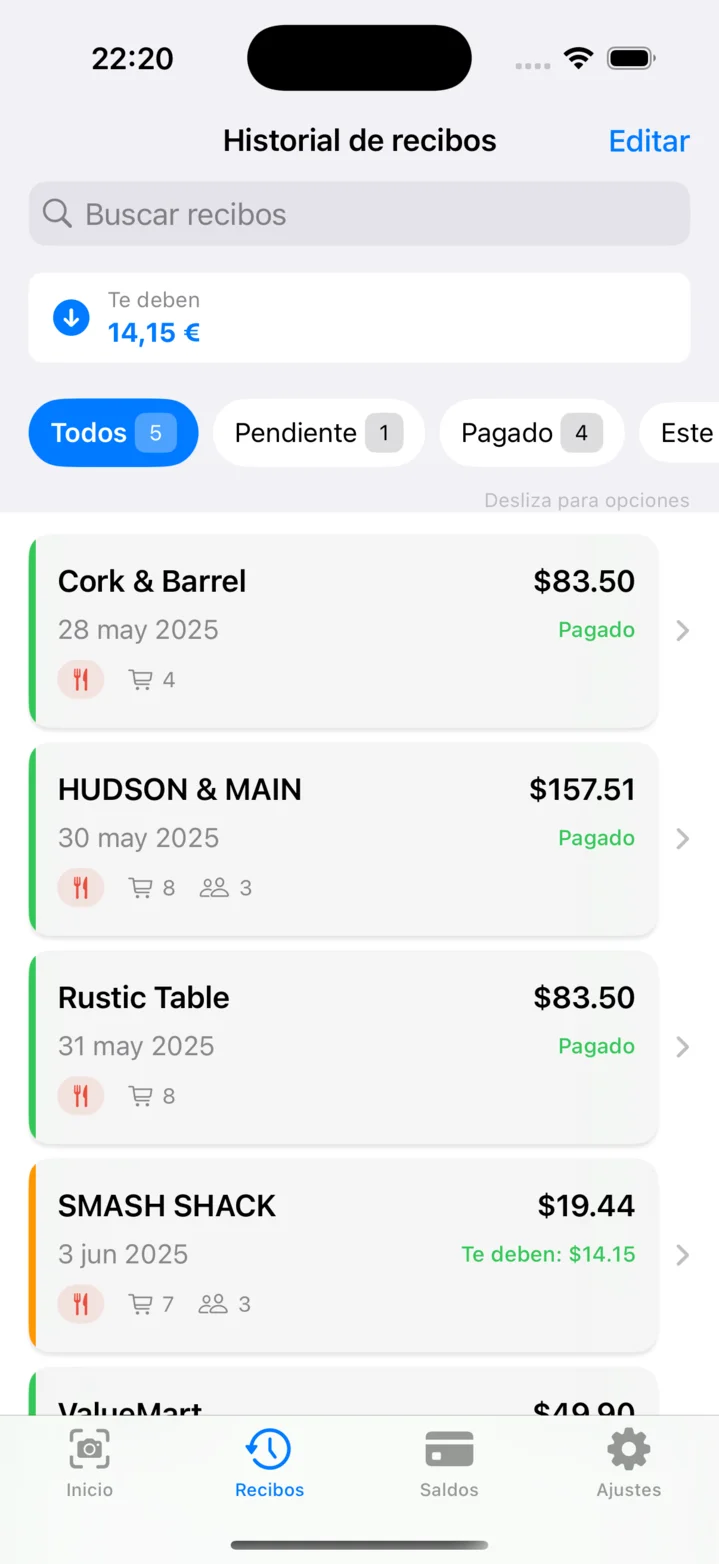 Lista de historial de recibos con búsqueda y filtros