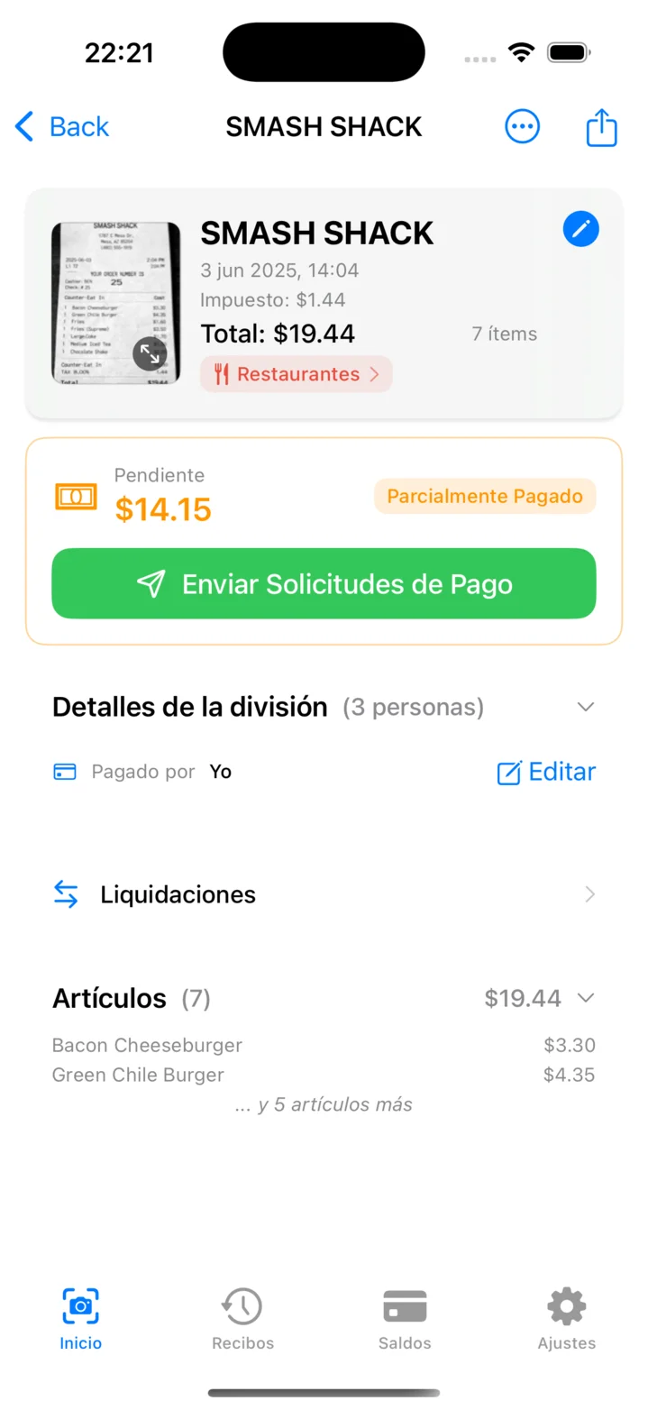 Detalle del recibo mostrando artículos procesados, detalles de la división y estado del pago