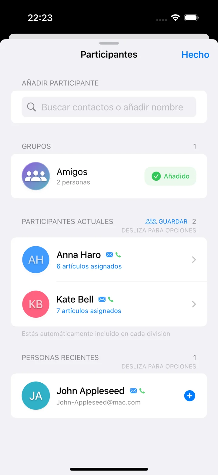 Gestión de participantes con grupos e integración de contactos