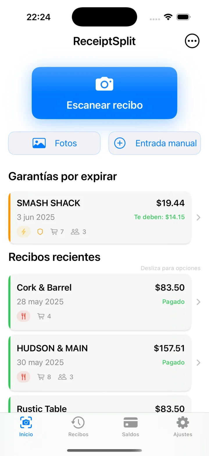 Pantalla de inicio con la sección de garantías por expirar arriba de Recibos recientes
