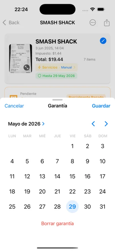 Selector de fecha de garantía abierto en un recibo de ValueMart, por defecto a mayo de 2026