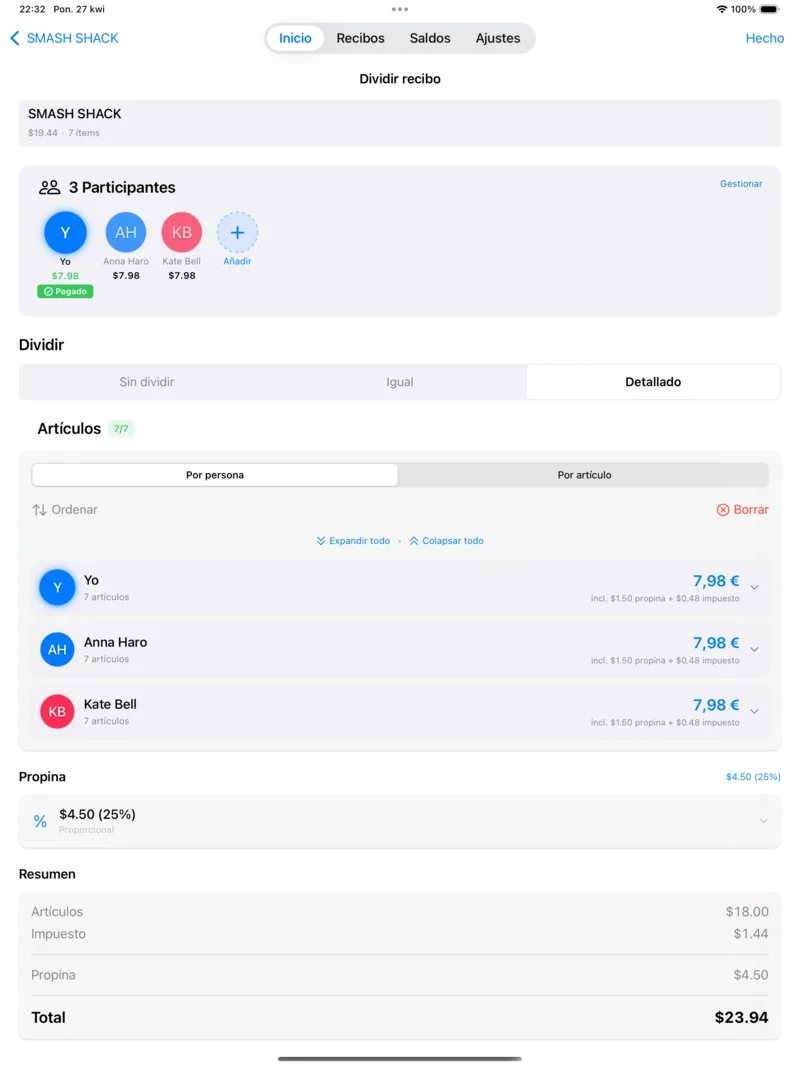 Vista de división de ReceiptSplit en iPad mostrando el diseño espacioso para asignar artículos