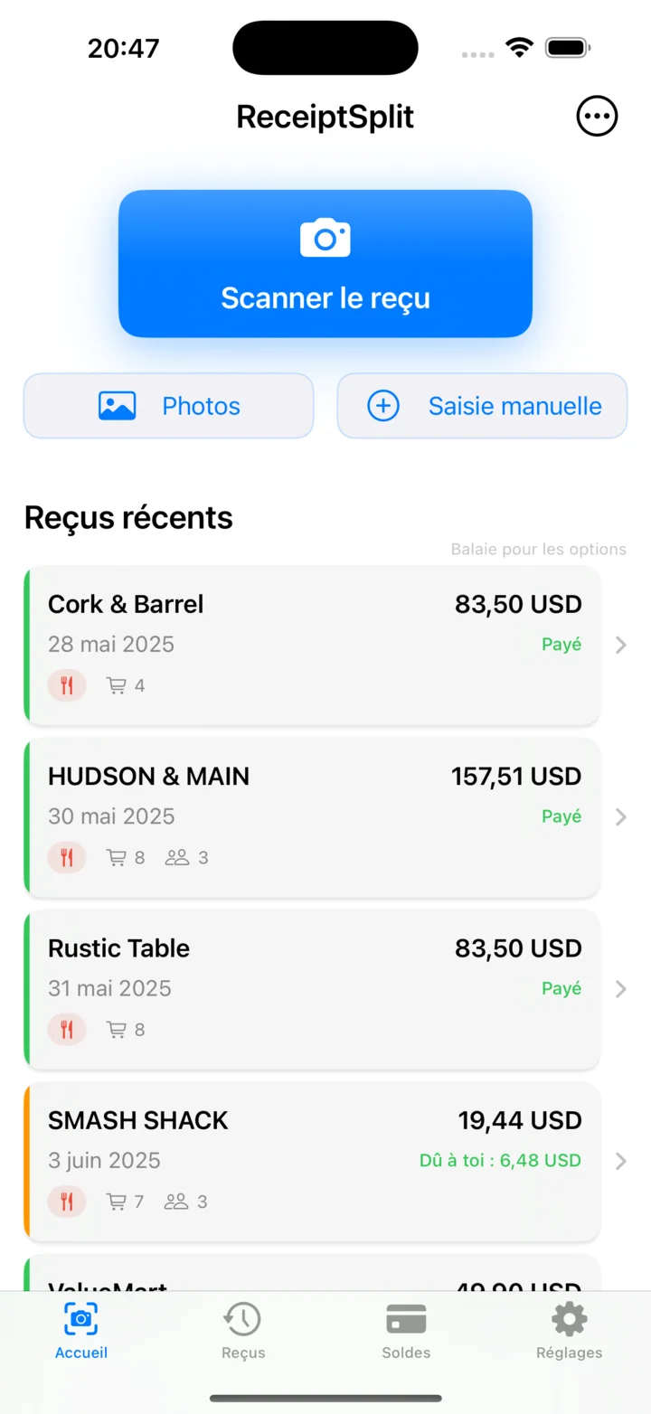Écran d'accueil de ReceiptSplit montrant les reçus récents et le bouton de scan