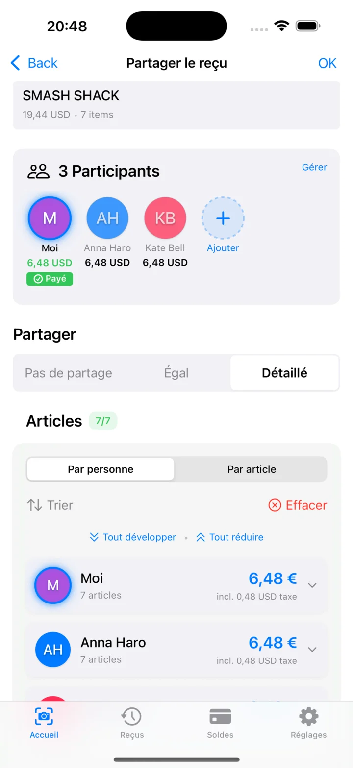 Répartition des coûts par personne avec articles partagés