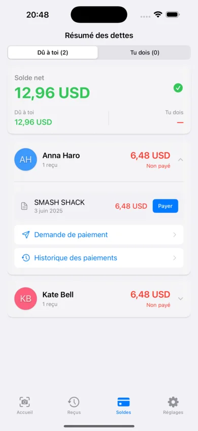 Récapitulatif des dettes ReceiptSplit indiquant qui doit quoi sur les dépenses partagées