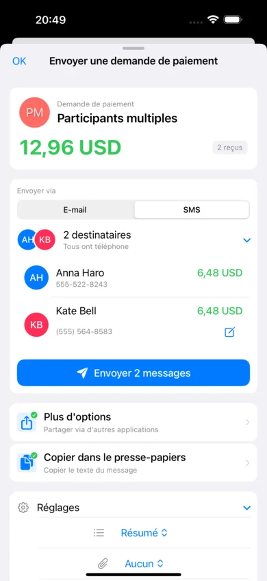 Écran de demande de paiement ReceiptSplit affichant un détail ligne par ligne prêt à envoyer par SMS ou e-mail