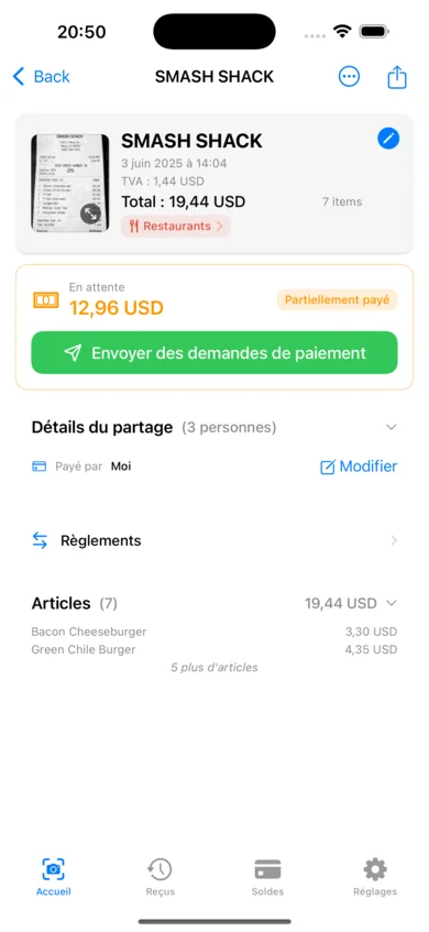 ReceiptSplit affichant les articles détectés par l'IA à partir d'un reçu scanné