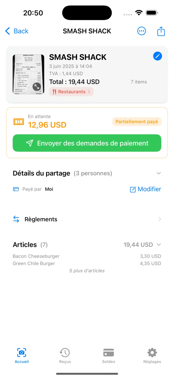 Détail du reçu montrant les articles analysés, les détails du partage et le statut du paiement