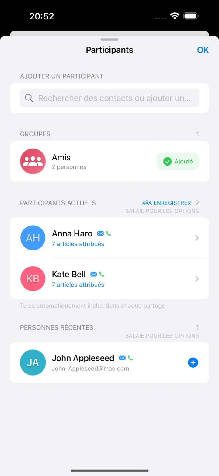 Gestion des participants avec groupes et intégration des contacts