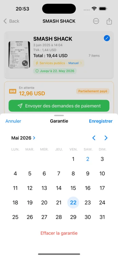 Sélecteur de date de garantie ouvert sur un reçu Fnac, calé par défaut sur mai 2026