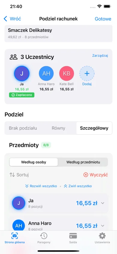Aplikacja ReceiptSplit pokazująca produkty spożywcze przypisane do różnych współlokatorów