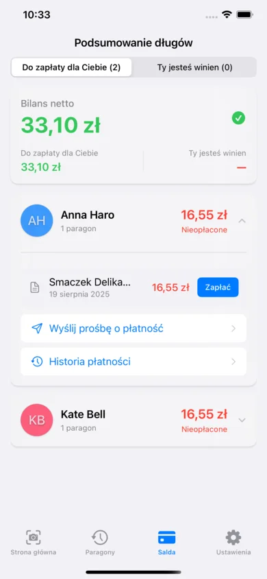 Podsumowanie długów w ReceiptSplit pokazujące kto komu ile jest winien