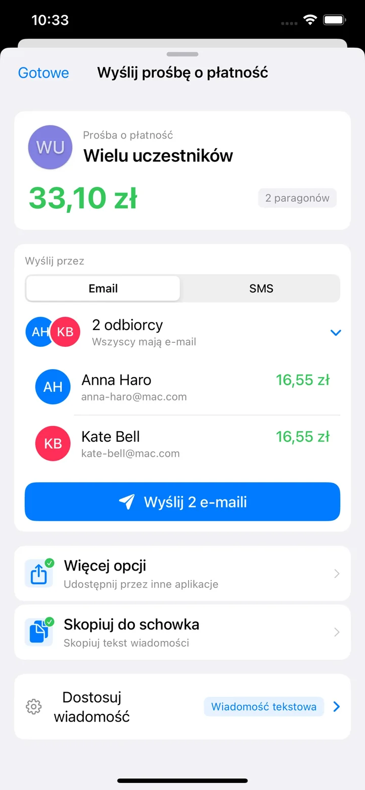 Wysyłanie próśb o płatność do wielu osób przez e-mail