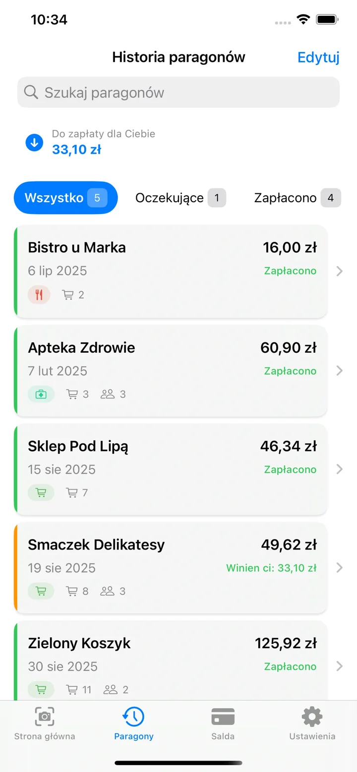 Lista historii paragonów z wyszukiwarką i filtrami