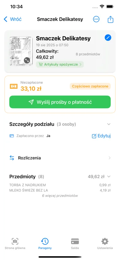 ReceiptSplit pokazujący pozycje wykryte przez AI z zeskanowanego paragonu