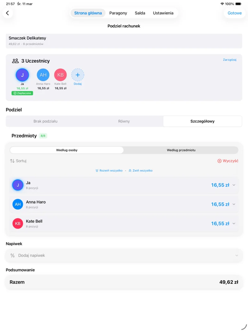 Widok podziału ReceiptSplit na iPadzie z przestronnym układem przypisywania pozycji