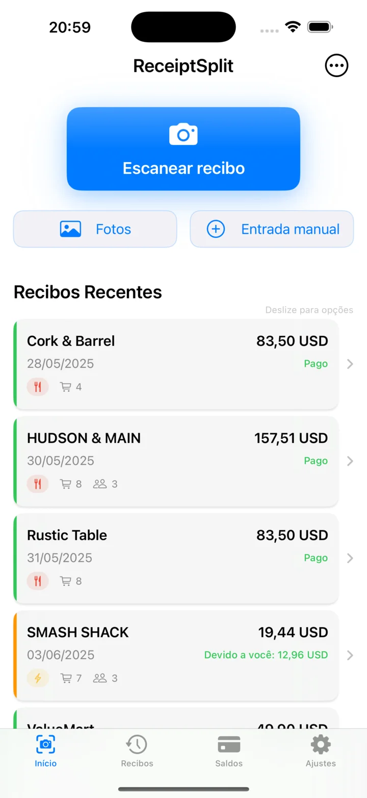 Tela inicial do ReceiptSplit mostrando recibos recentes e o botão de escanear