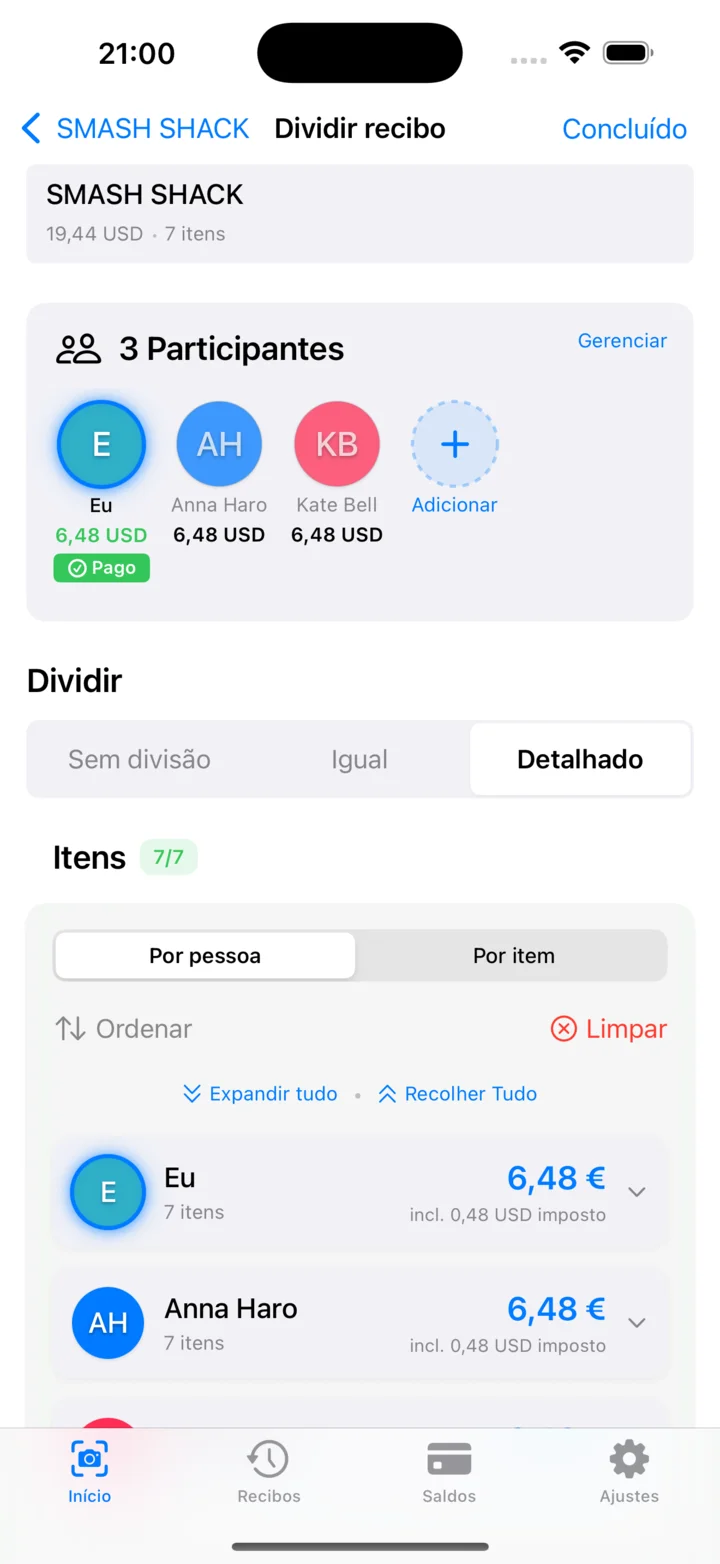 Detalhamento de custos por pessoa com itens compartilhados