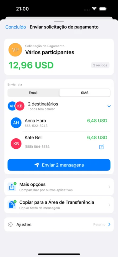 Tela de solicitação de pagamento do ReceiptSplit mostrando o detalhamento item a item pronto para enviar por SMS ou e-mail