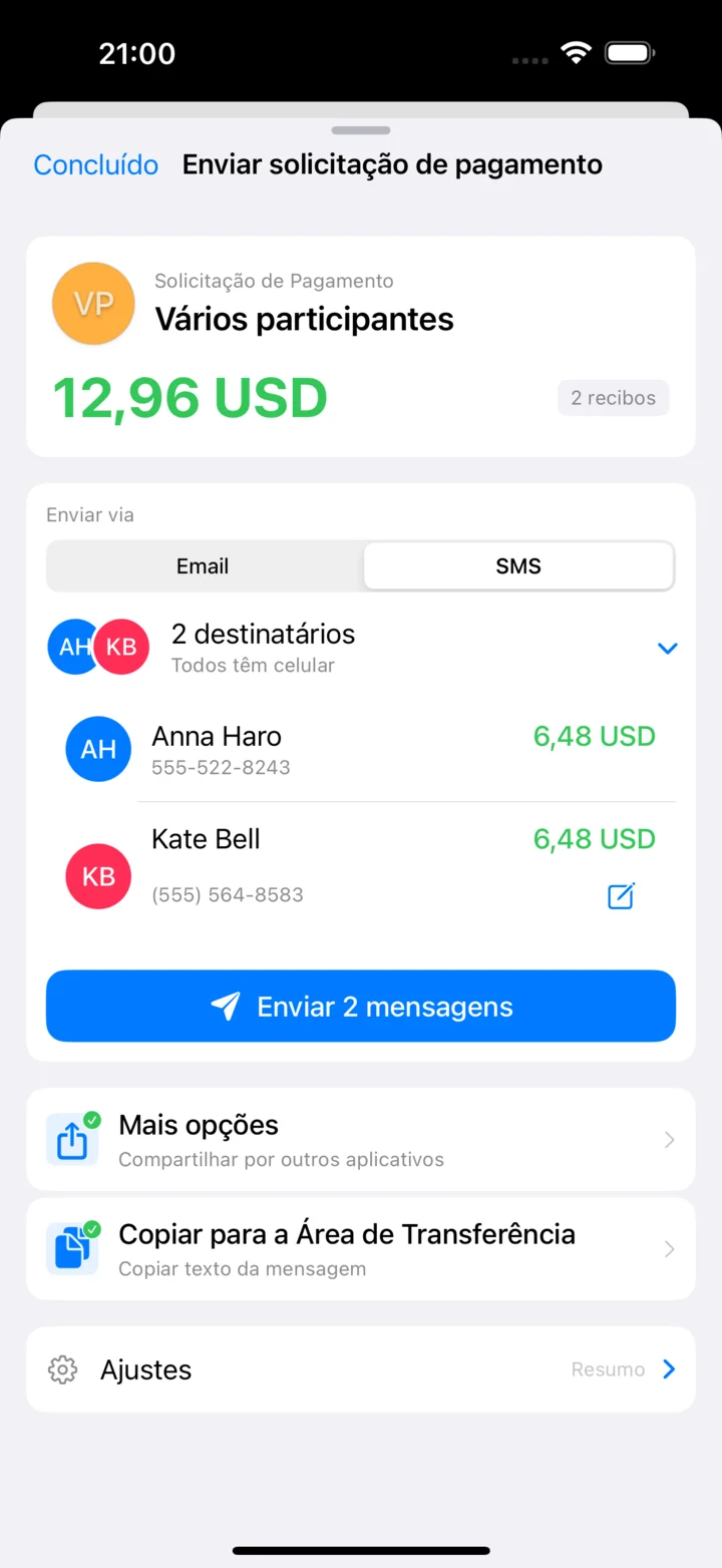 Envio de solicitações de pagamento para vários destinatários por e-mail