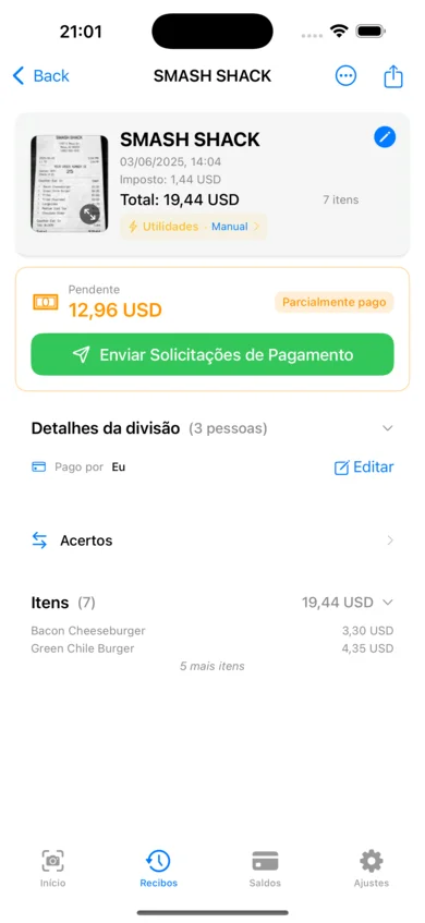 ReceiptSplit mostrando os itens detectados pela IA em um recibo escaneado