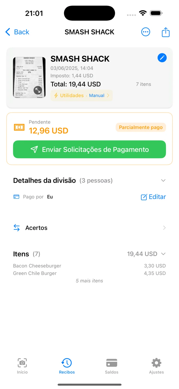 Detalhe do recibo mostrando itens processados, detalhes da divisão e status do pagamento