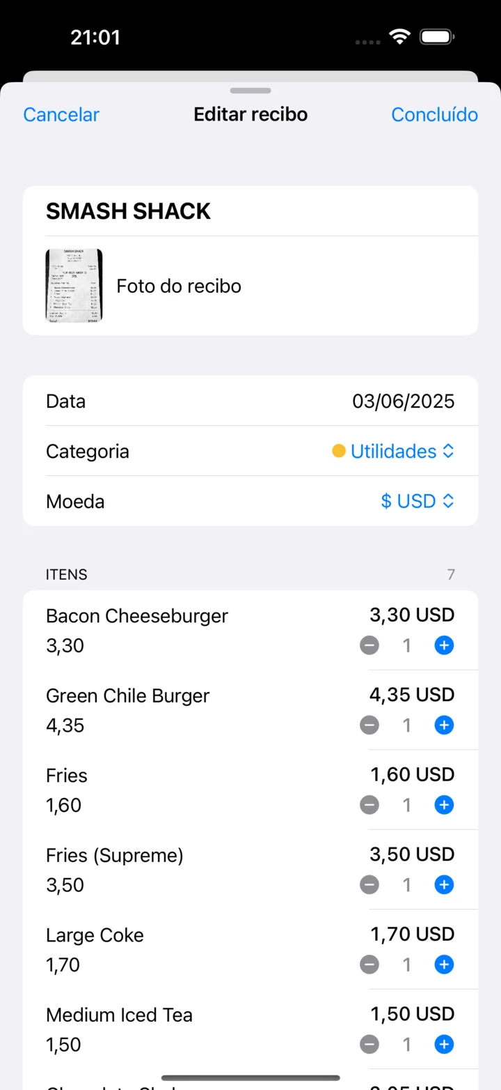 Recibo processado por IA mostrando itens e preços