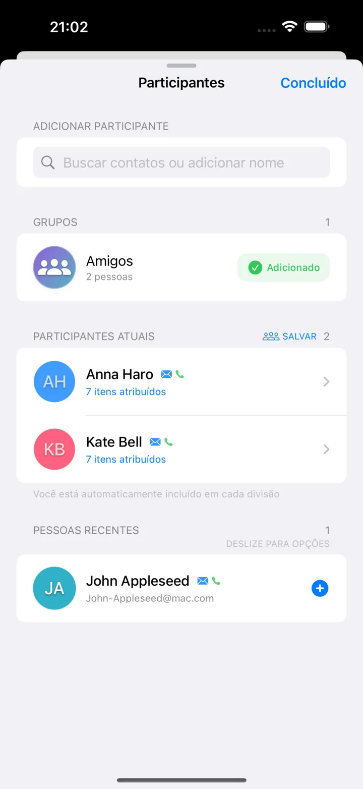 Gerenciamento de participantes com grupos e integração com contatos